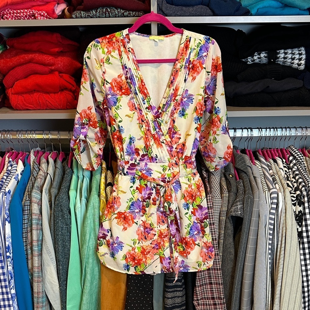 Gianni Bini cream/orange/purple floral 3/4 roll tab sleeve belted lined romper S